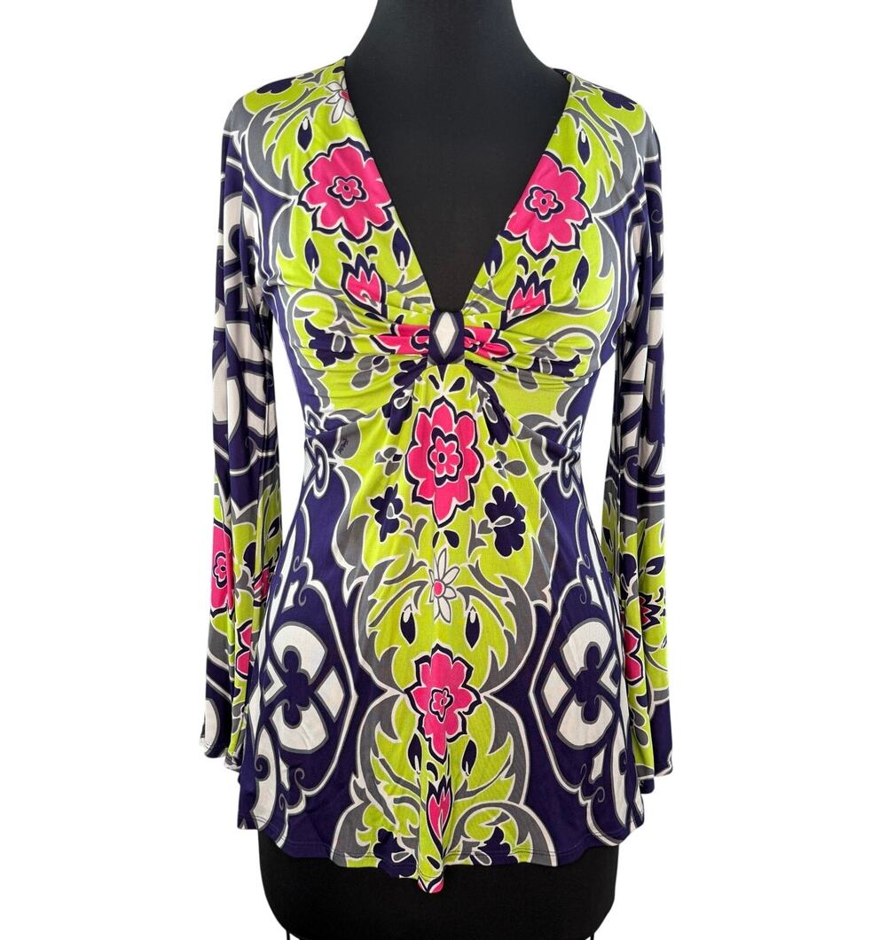 HALE BOB Neon Green Tunic Top Silk Floral V-Neck Bell Sleeve Casual XS X-Small